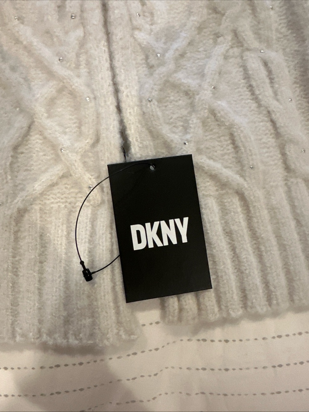 DKNY Cream Rhinestone-Embellished Cable Knit Scarf